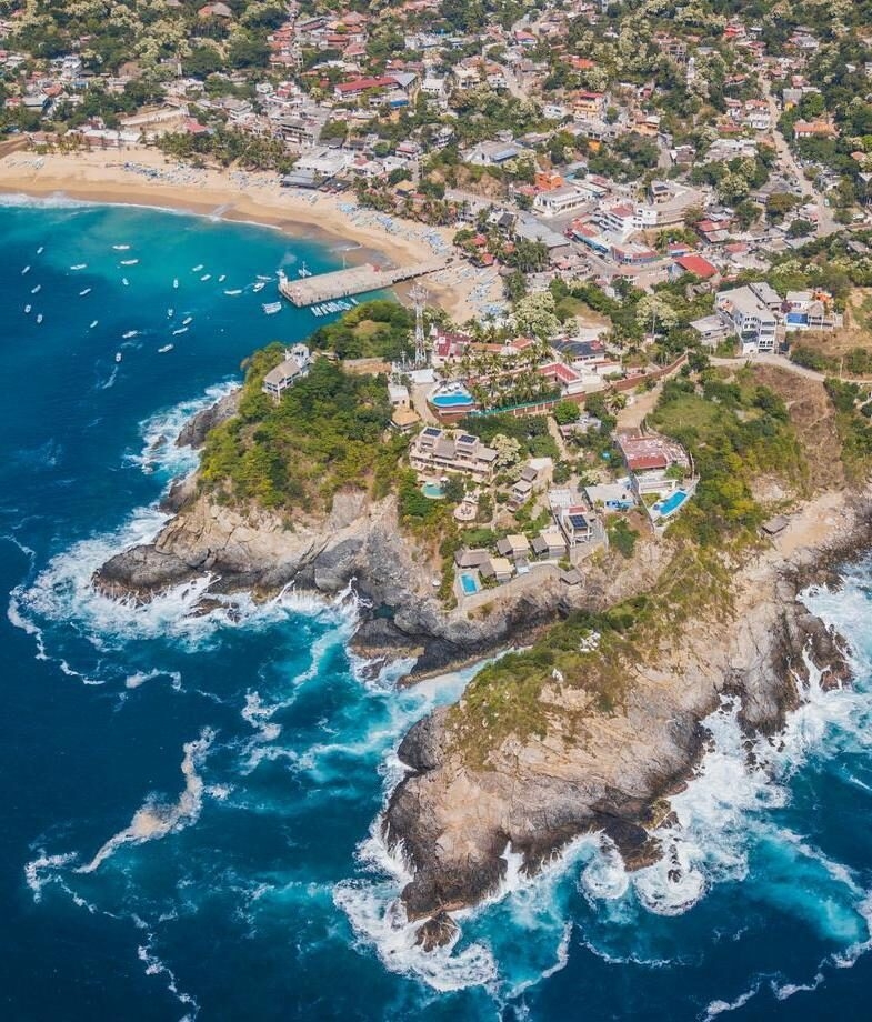 The secluded bay of Yelapa on Jalisco’s Pacific coast and an aerial view of Puerto Ángel in Oaxaca, with its rugged shoreline and the town overlooking the sea.