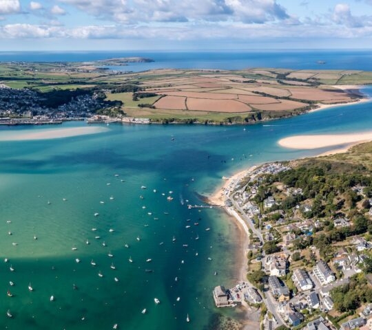 Aerial view of Padstow and Rock on The Camel Estuary in Cornwall