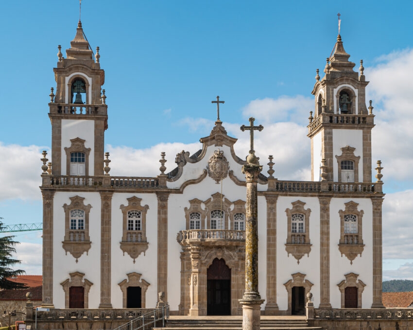 A view of the front facade of the Church of Mercy in Viseu, Portugal.
