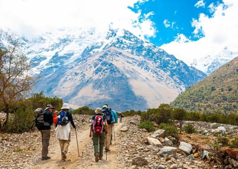 A group of people hiking the Salkantay trek to Machu Picchu