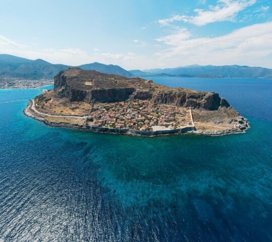 Aerial view of the town of Monemvasia in Greece from the ocean