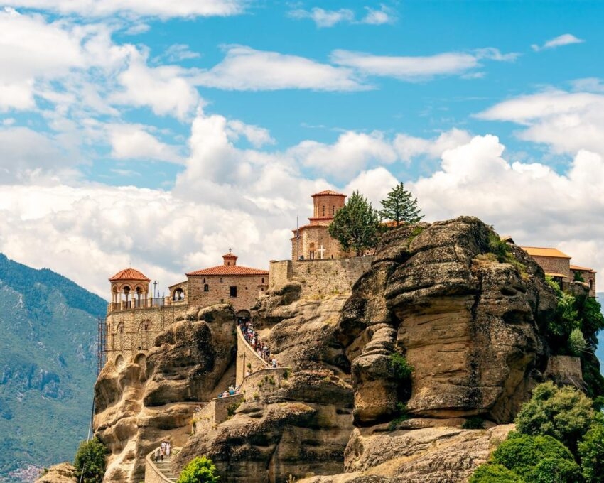 The Great Meteoron Monastery, sat on a cliff in the complex of Meteora, Greece