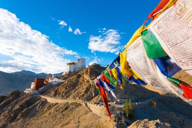 Colourful prayer flags against a backdrop of mountains and Leh Tsemo Fort in Ladakh, india