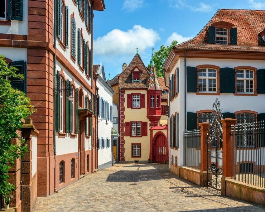 A street in Basel's Old Town lined with perfectly preserved buildings.