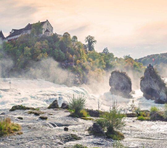 White rapids of the Rhine River at the Rhine Falls in Switzerland.