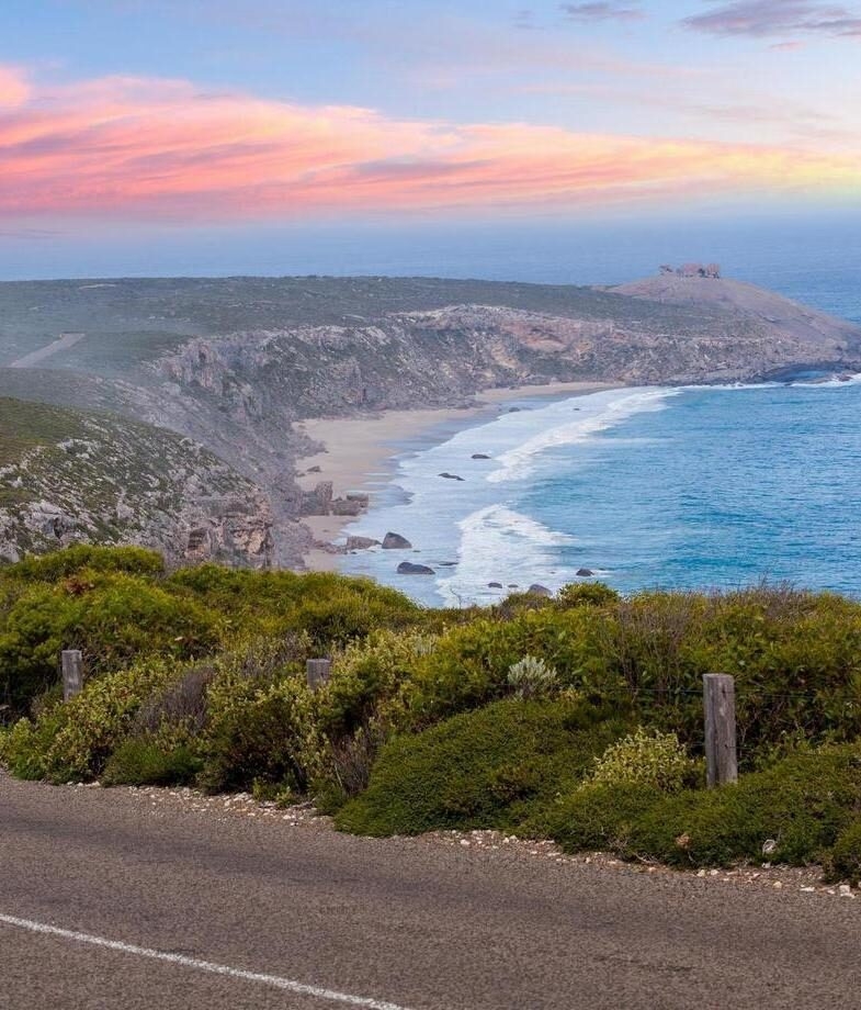 A vibrant green tree frog resting on a leaf in the Daintree Rainforest and a wide sunset view across Kangaroo Island overlooking the Southern Ocean.