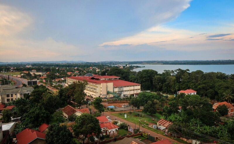 Aerial view of Entebbe, Uganda, featuring red-roofed houses and green foliage near the shore of Lake Victoria.