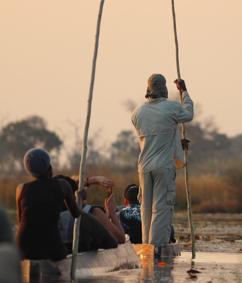 People sitting in a mokoro boat while a guide uses a long pole to navigate through shallow water at sunset.