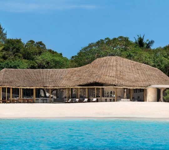 Thatched roof hut on the beach surrounded by greenery with turquoise water in front at Mnemba Island in Zanzibar