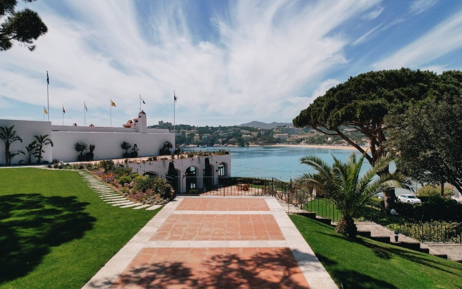 The big terrace at Hostal de la Gavina overlooking the Bay of Sant Pol on the Costa Brava.