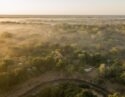 Aerial view of a safari lodge nestled in a lush forest covered in golden morning mist by a winding river.