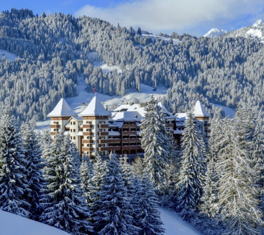 The Alpina Gstaad luxury hotel surrounded by snow-covered evergreen trees and mountains during winter.