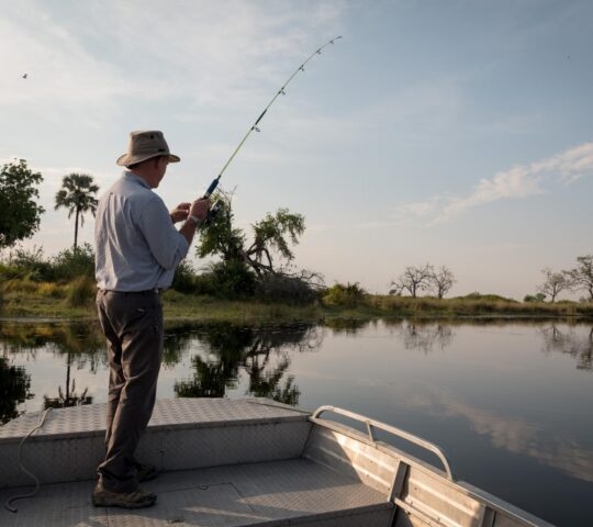 A man stood on a boat with a fishing rod in the Okavango Delta