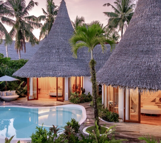 Two pointed thatched villas set among palm trees and plants opening out glass doors onto a pool with sunset sky in the background.