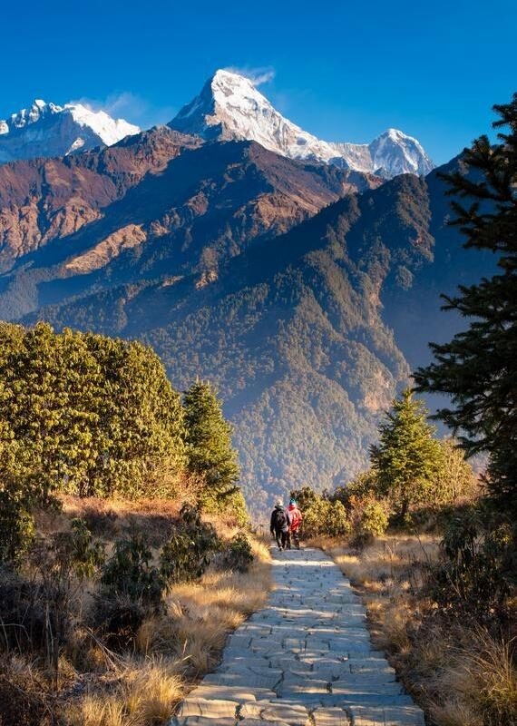 Two trekkers walk on a stone trail toward a large snow-covered mountain peak under a clear blue sky.