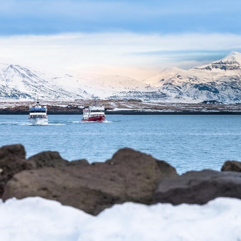 Two boats navigate a body of water in front of massive snow-covered mountains in a cold coastal landscape.