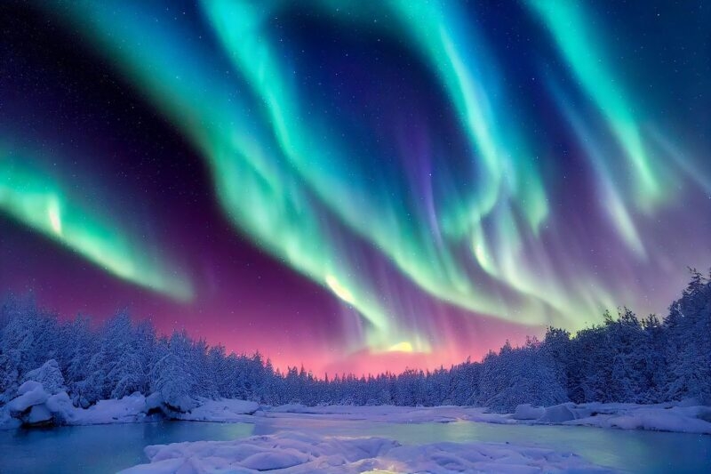 A bright display of purple and green northern lights Norway over a snowy landscape with a frozen river and trees.
