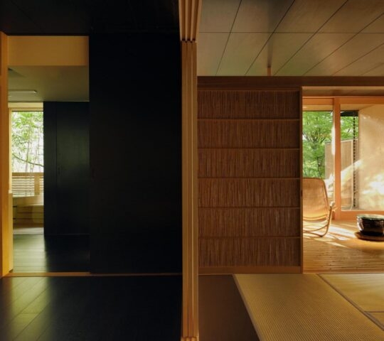 Minimalist Japanese suite with dark floors, tatami mats, and a bright terrace overlooking a garden.