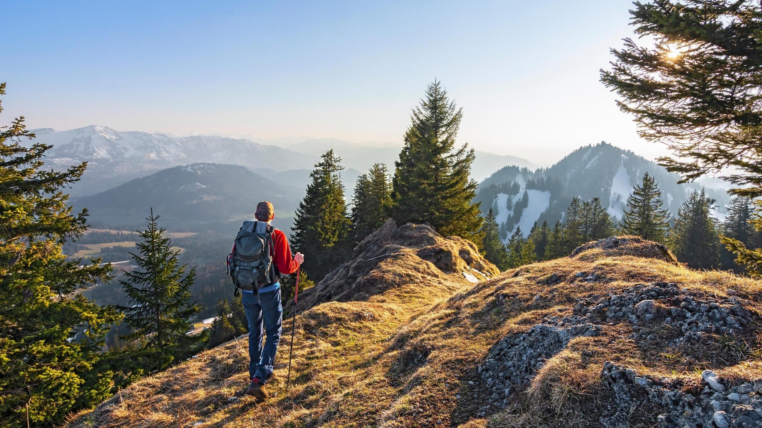 A hiker with a backpack walks on a mountain ridge overlooking a vast valley with evergreen trees and distant snowy peaks.