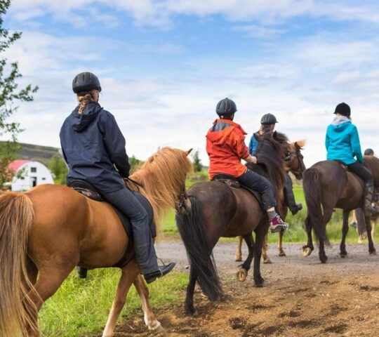 A group of people riding horses through a green landscape in Iceland