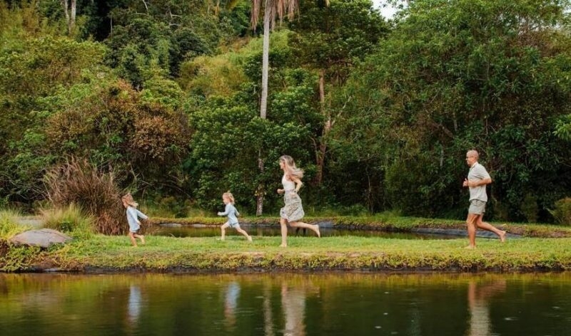 A family running in front of a small lake in Khao Sok national park.