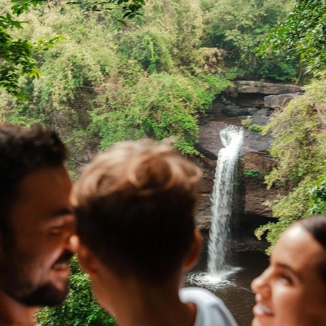 A family stop to look at a waterfall in Khao Yai National park.