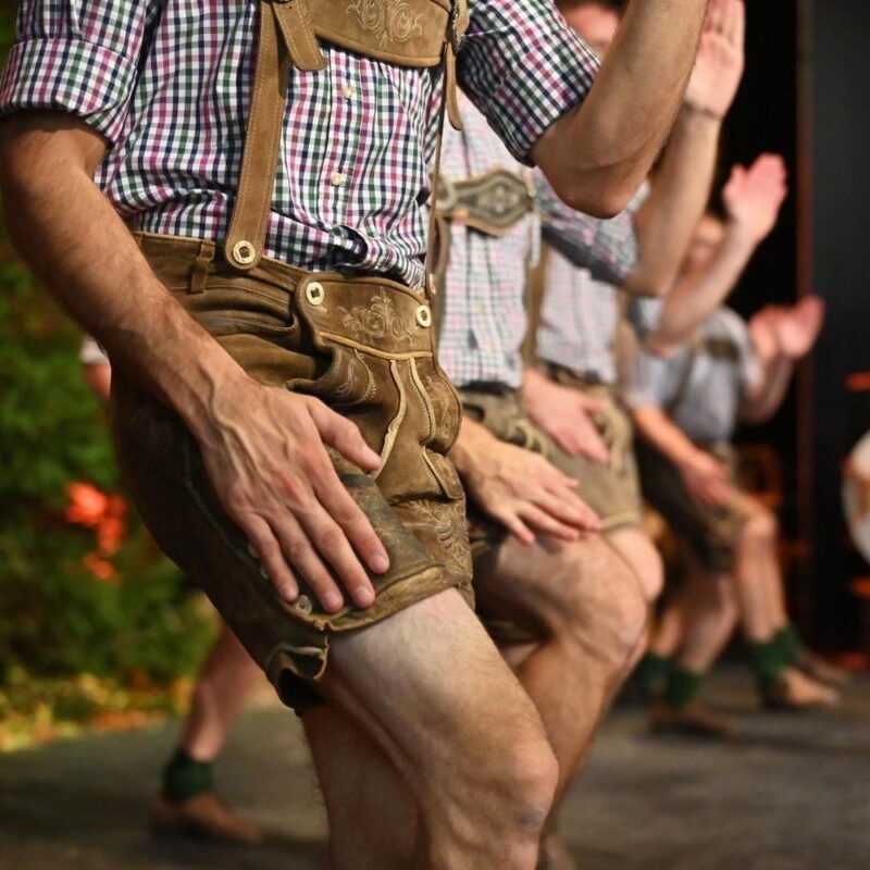 Men performing a traditional folk dance while wearing lederhosen, slapping their legs and shoes on stage.