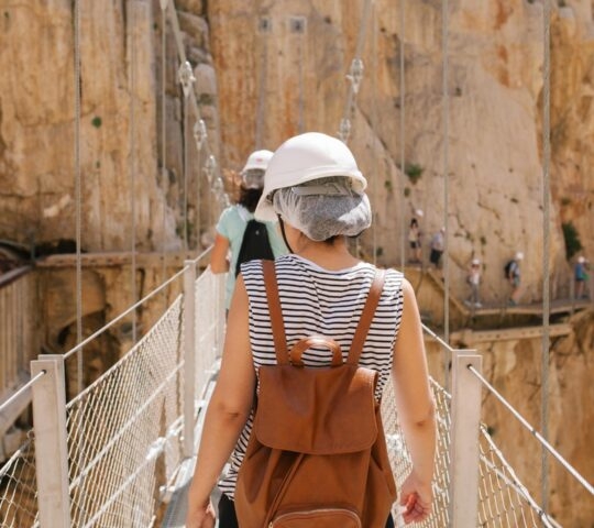 Hikers with helmets cross a suspension bridge in a rocky gorge on the Caminito del Rey Malaga Spain trail.