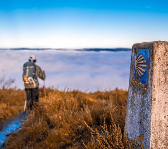 A stone trail marker with a yellow scallop shell stands by a path as a hiker walks away toward a sea of clouds.