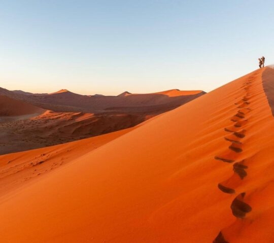 Footsteps leading up a huge red sand dune, with two people standing on top looking out over Sossusvlei desert