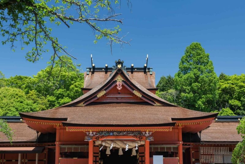 Front view of a traditional Japanese wooden shrine surrounded by lush green trees under a clear blue sky.