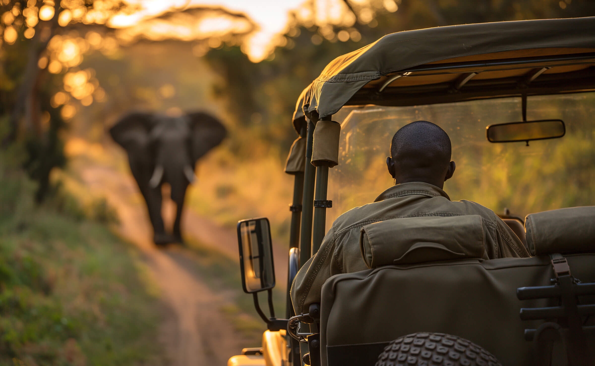 View from inside a safari vehicle looking past the driver at an elephant on a dirt track during sunset.