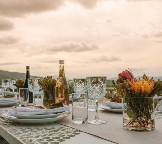 Close-up of an outdoor dining table with plates, glasses, and protea flowers, overlooking a landscape of hills and vineyards.