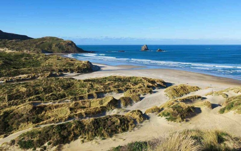 Grassy sand dunes leading down to a broad sandy beach and blue ocean bay with rock formations.